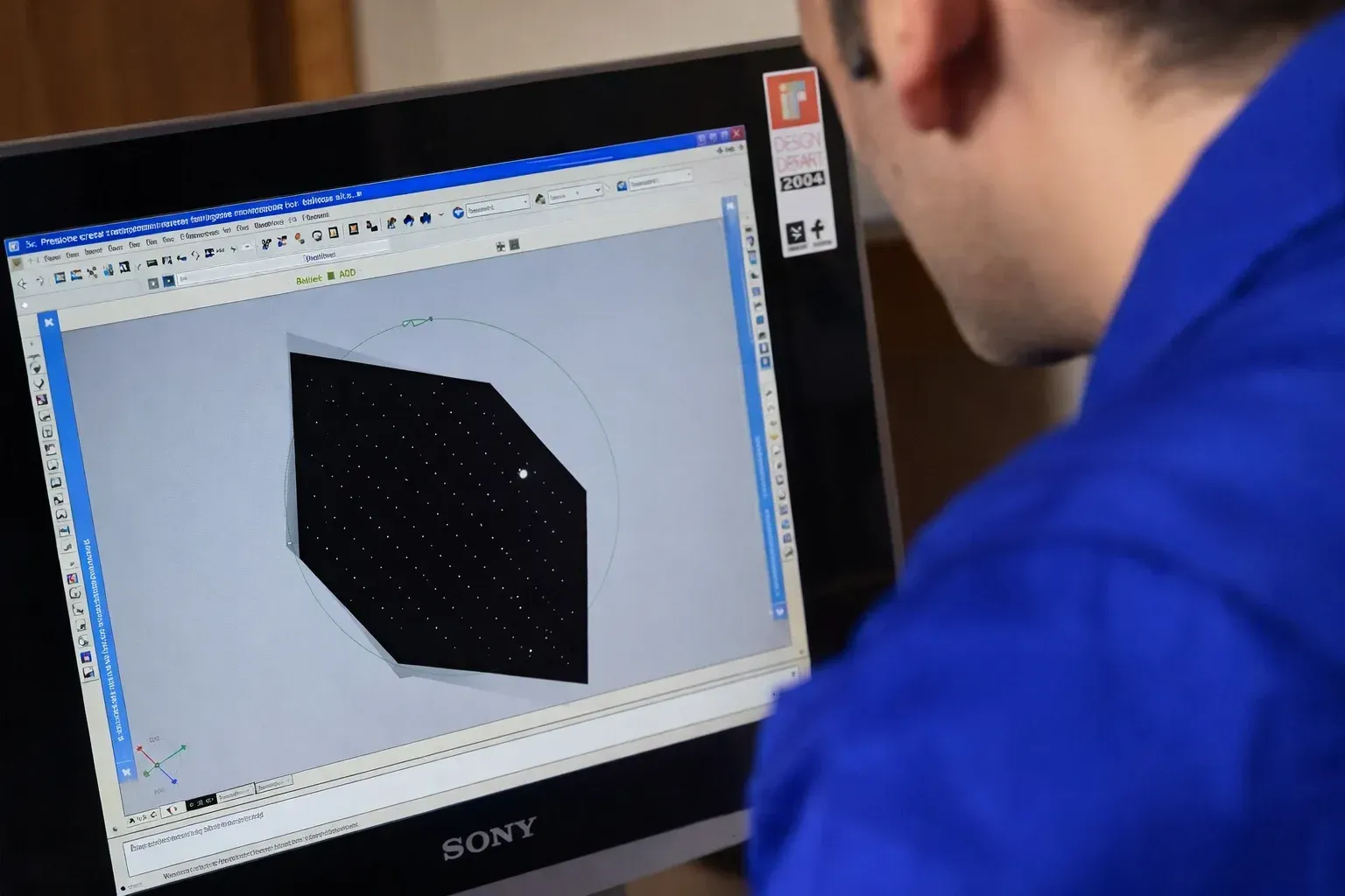 Una persona con una camisa azul trabaja en una pantalla de computadora que muestra un modelo digital 3D 
