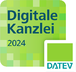 Ein grünes Quadrat mit der Aufschrift „Digitale Kanzlei 2024“ darauf.