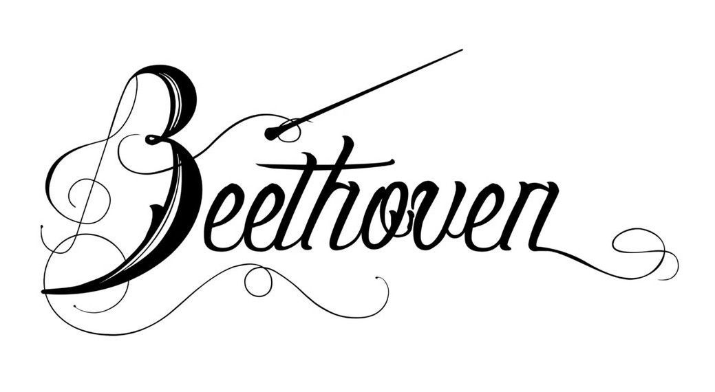 Caligraf&iacute;a negra estilizada de la palabra &ldquo;Beethoven&rdquo; con adornos decorativos sobre un fondo blanco.