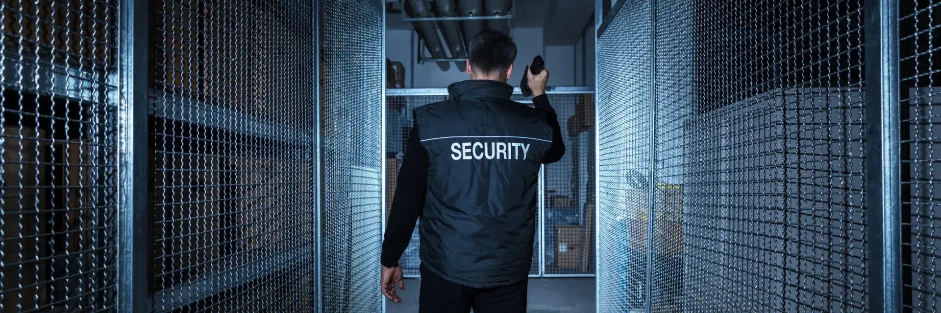 Ein Wachmann in schwarzer Uniform geht durch einen schmalen, schwach beleuchteten Industrielagergang mit Maschendrahtwänden.