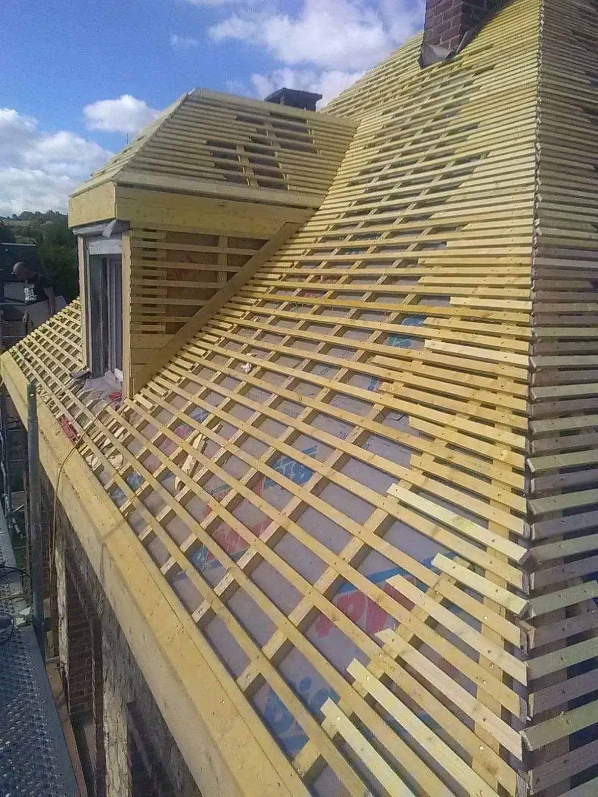 Multiples tiges de bois clair recouvrant une toiture en rénovation 01