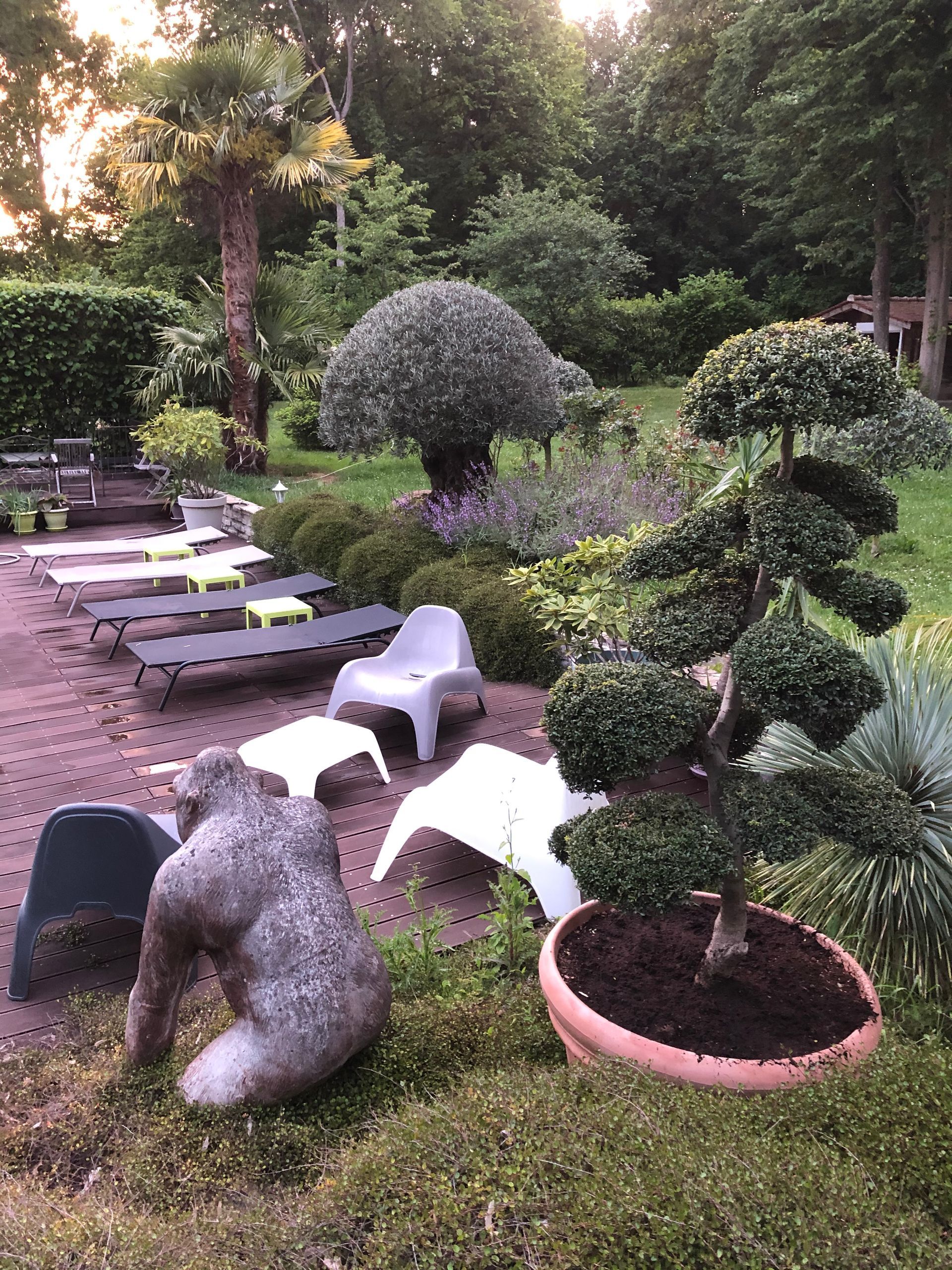 Jardin avec terrasse en bois et plusieurs transats