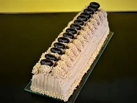 Ein länglicher, rechteckiger Kuchen mit Schokoladendekoration auf einem Tablett