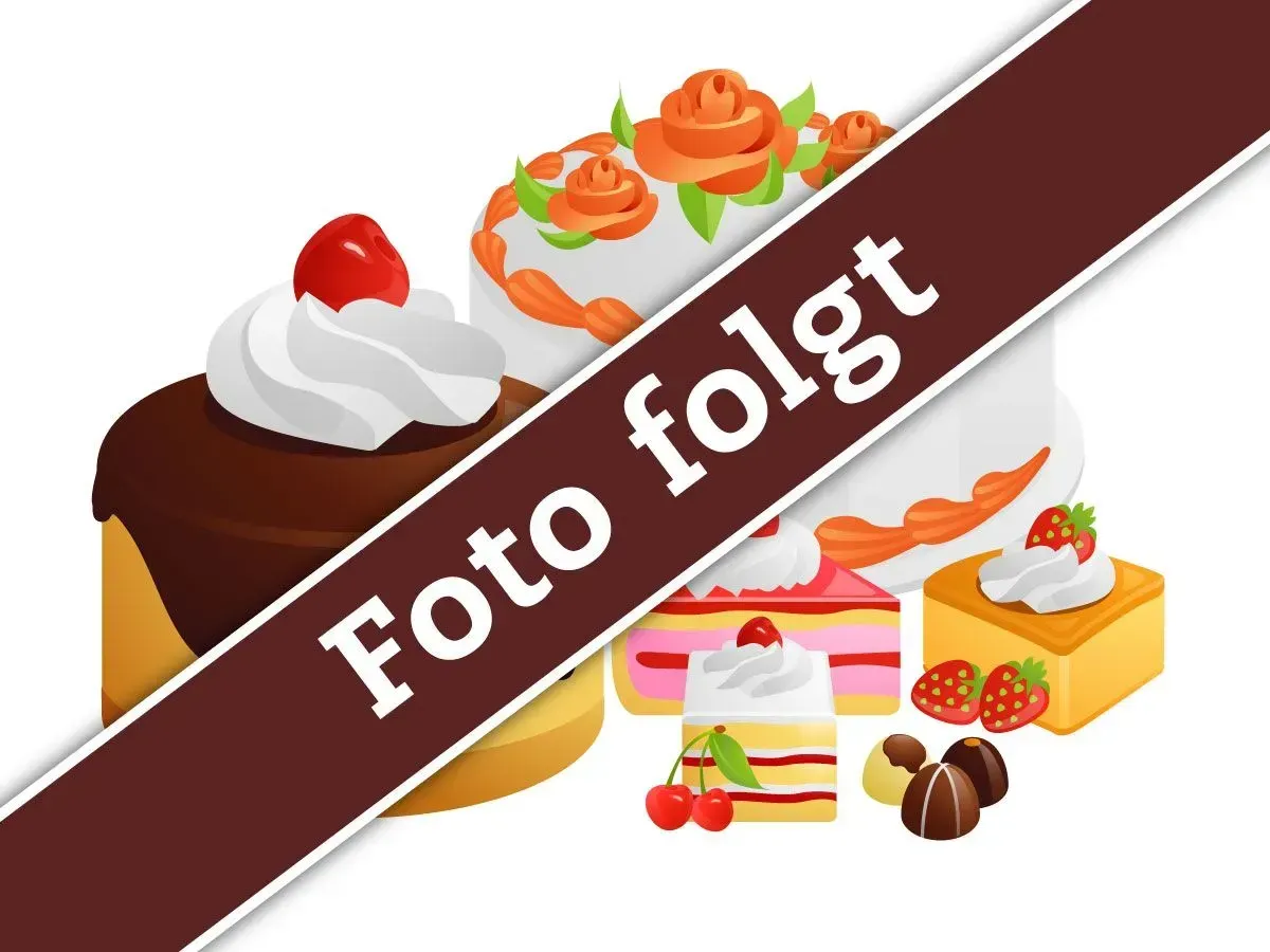 Verschiedene bunte Kuchen und Desserts mit einem diagonalen „Foto folgt“-Banner über dem Bild