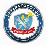 Logotipo para servicios de reparación: escudo azul con herramientas, rayo y texto "REPARA TODO LUIS" y "URGENCIAS 24H".
