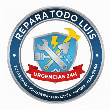 Logotipo para servicios de reparación: escudo azul con herramientas, rayo y texto "REPARA TODO LUIS" y "URGENCIAS 24H".