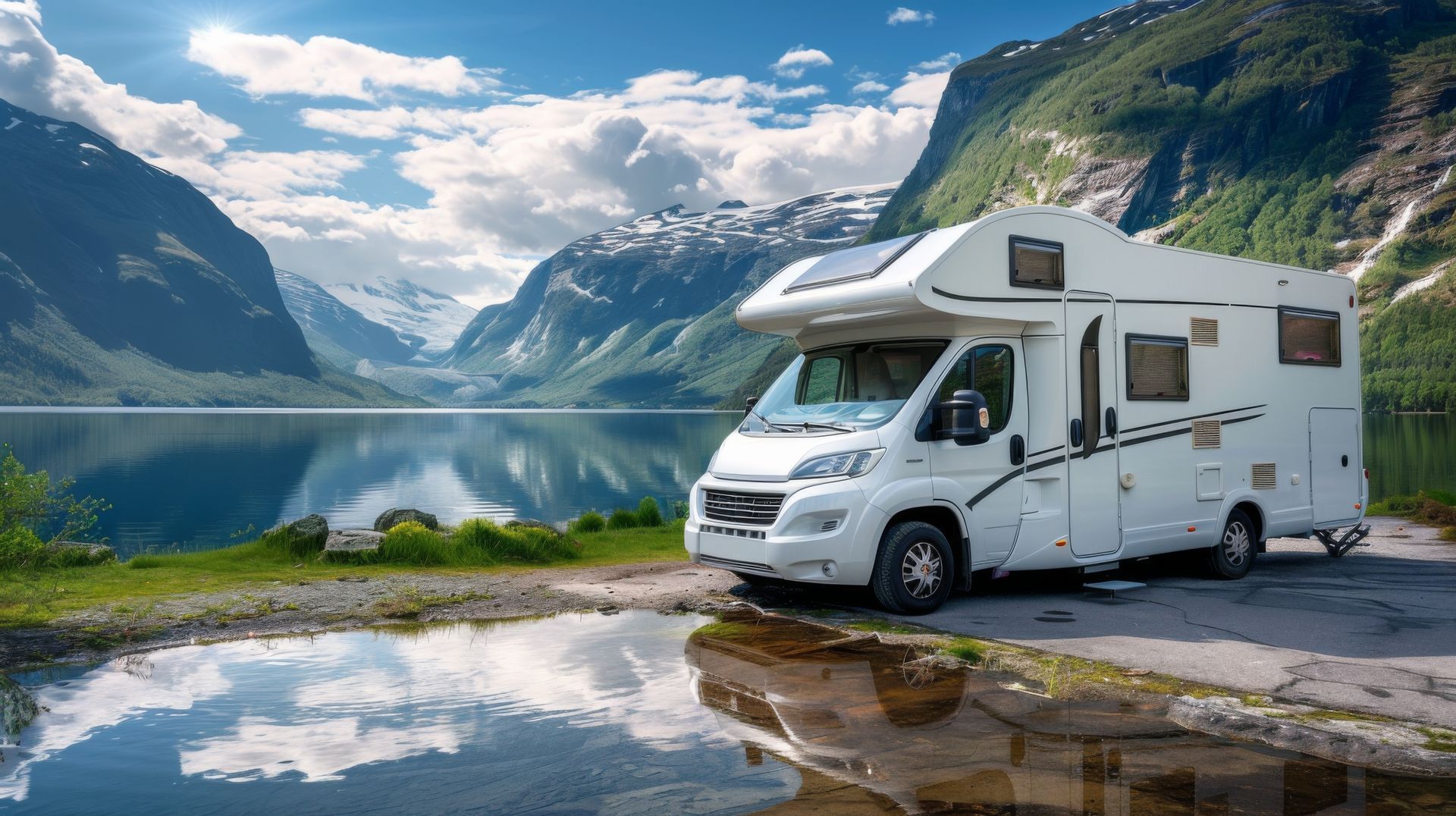 Un camping-car au bord d'un lac.