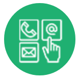 Un círculo verde con una mano apuntando a un teléfono, un correo electrónico y un icono de teléfono.
