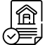 Un icono en blanco y negro de una casa en un trozo de papel con una marca de verificación.