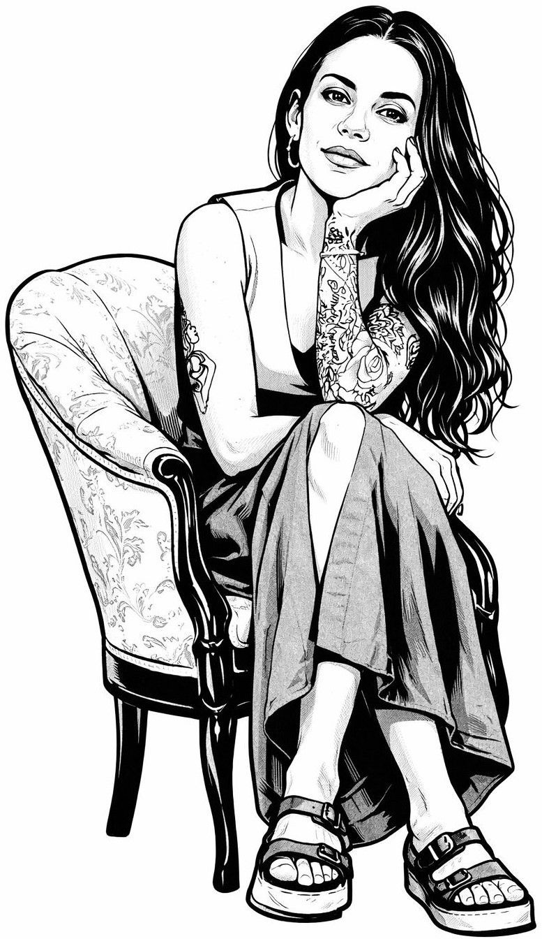 Mujer sentada en un escritorio, con las manos juntas, mirando a la cámara. Oficina, lámpara y obra de arte en la pared.