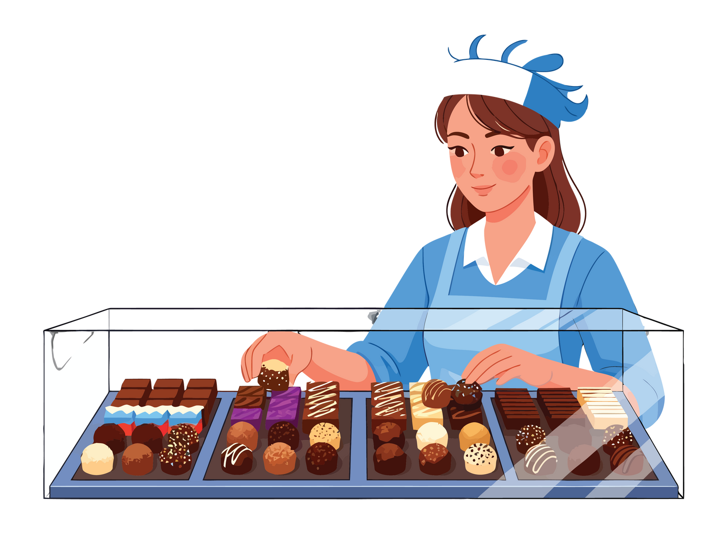 Une vendeuse dispose des chocolats assortis dans une vitrine.