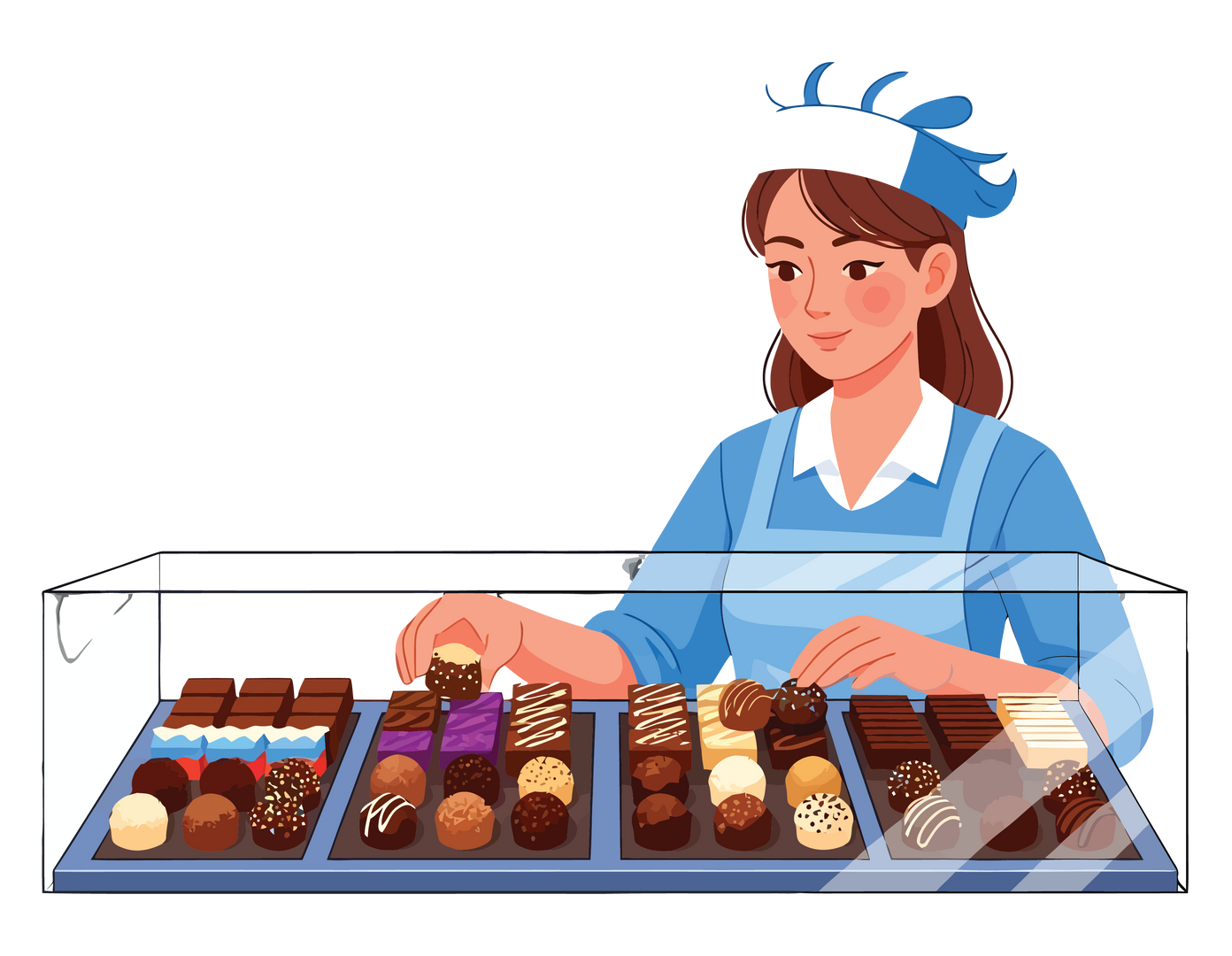 Une vendeuse dispose des chocolats dans une vitrine.