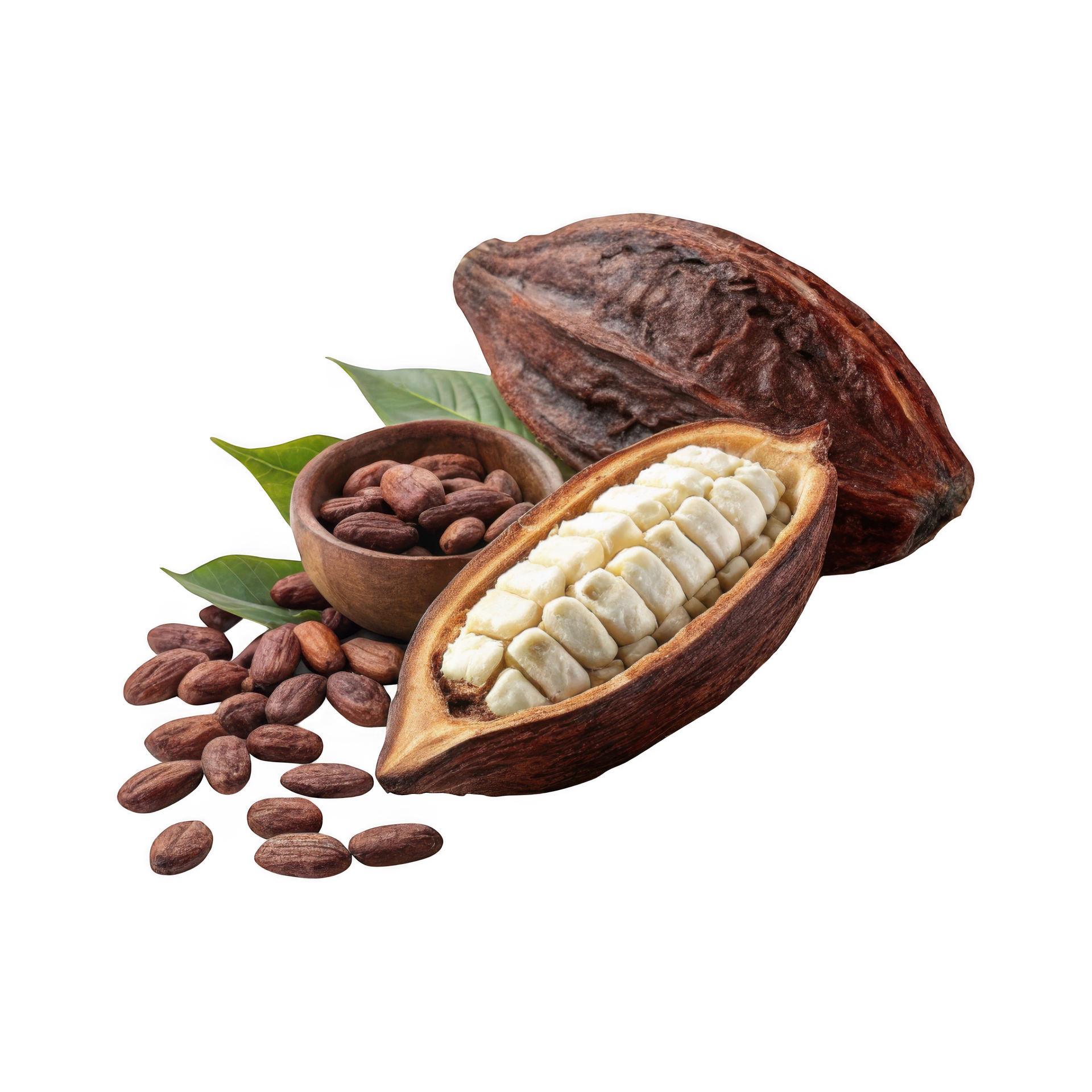 Cabosses et fèves de cacao avec une cabosse ouverte laissant apparaître des graines blanches