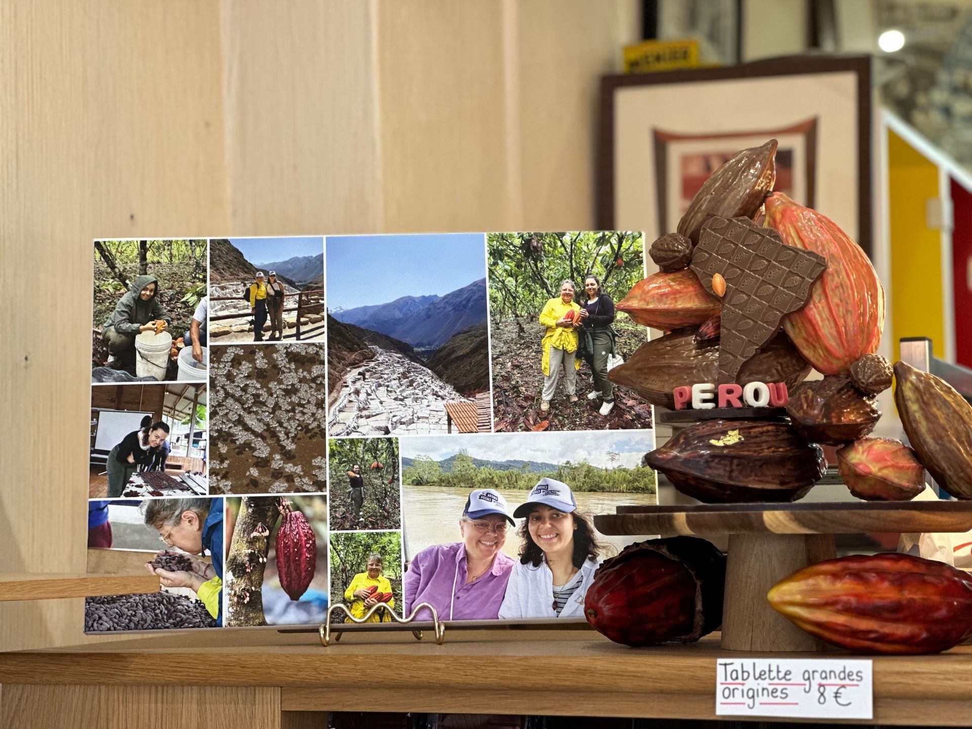 Collage photo et trophée de fèves de cacao sur une étagère en bois, avec des des fèves de cacaco et une petite étiquette.