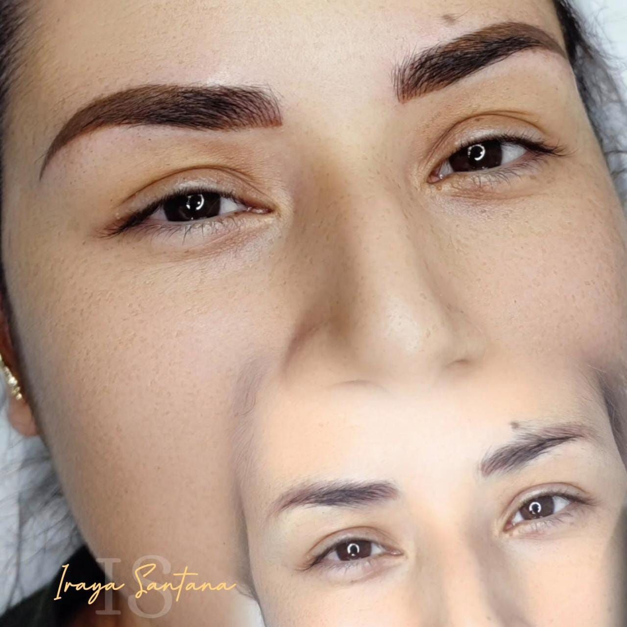 Rostro de mujer con cejas microblading; comparación antes y después. Cejas marrón oscuro, primer plano.