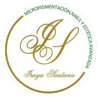 Logo: Gold initials "IS" with script, inside gold circle. Text "Micropigmentación, Nails y Estética Avanzada" and "Iraya Santana".