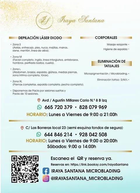 Folleto de los servicios de depilación láser y microblading de Fraga Santana, con datos de contacto y ubicación.