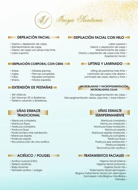 Menú de Praya Santana que ofrece servicios de belleza como depilación, uñas y tratamientos faciales.