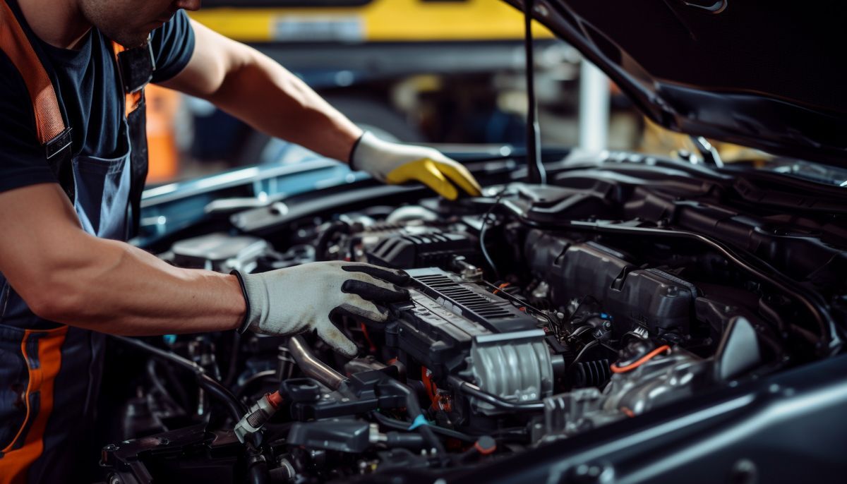 Ein Mann arbeitet in einer Garage am Motor eines Autos.
