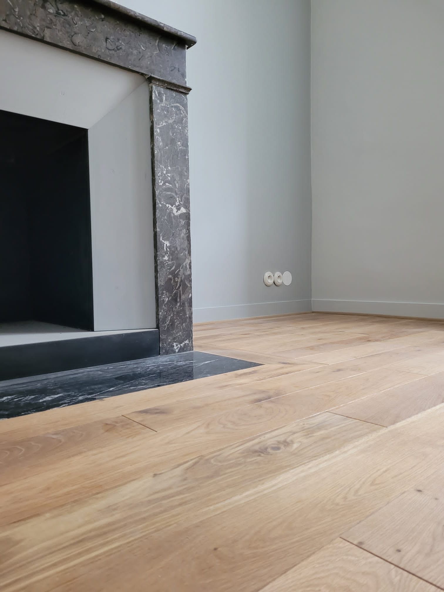 Salon lumineux avec cheminée et parquet clair