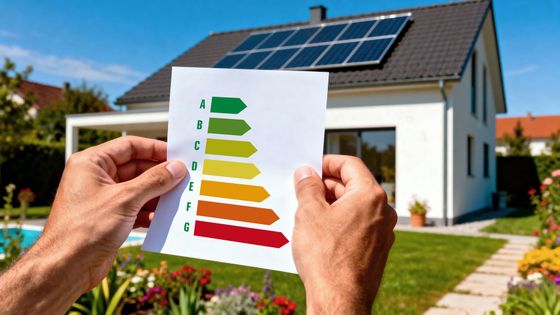 Des mains tenant une étiquette d’efficacité énergétique devant une maison équipée de panneaux solaires.
