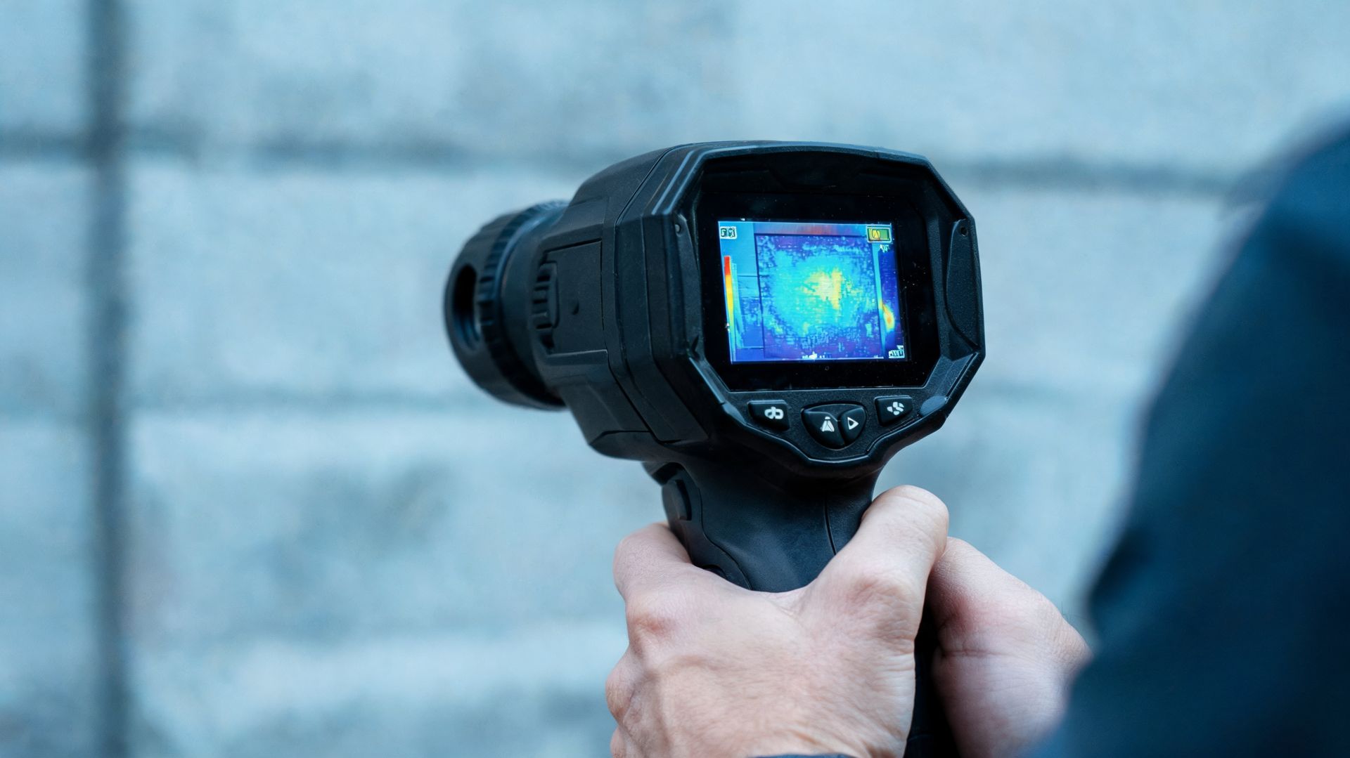 Caméra thermique portable dirigée vers un mur, affichant une carte thermique sur son écran.