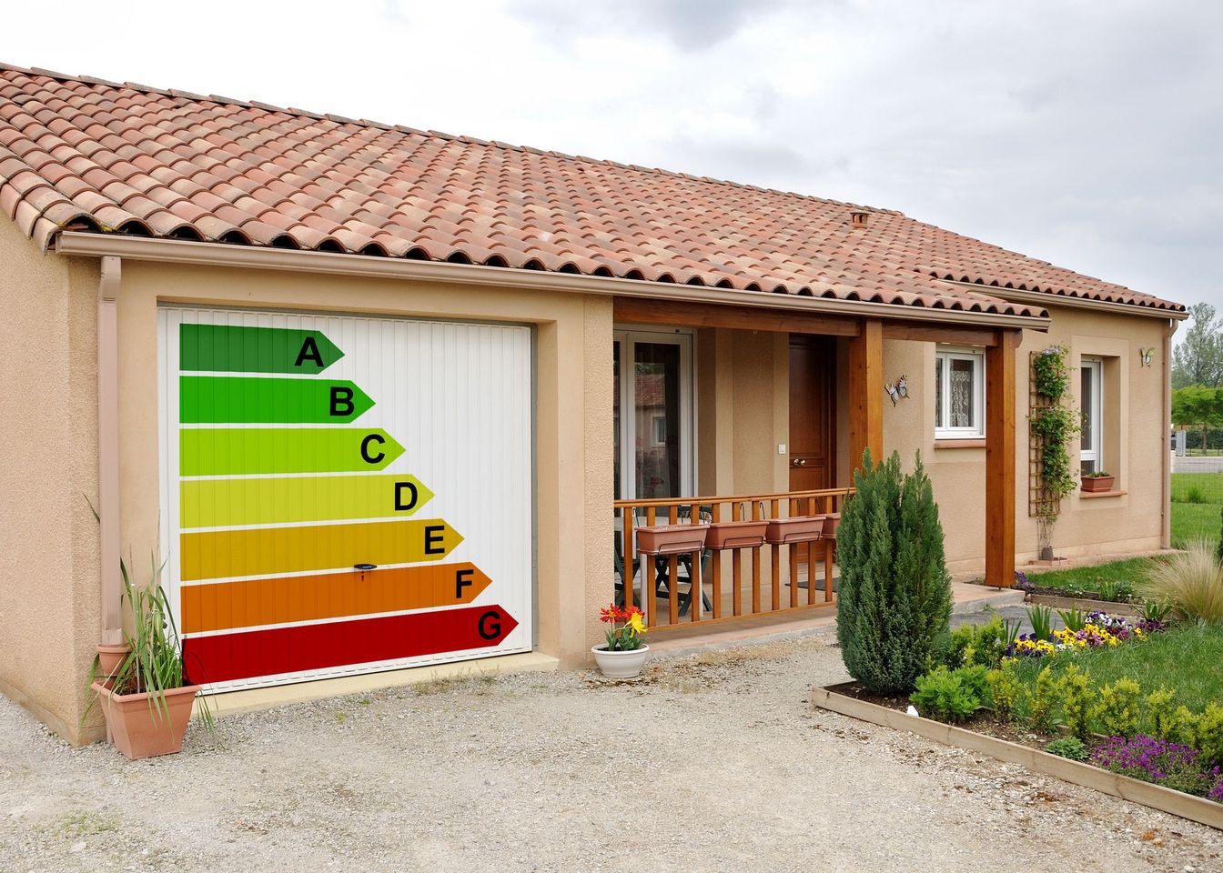 Garage d’une maison, avec une échelle de performance énergétique allant de A à G.