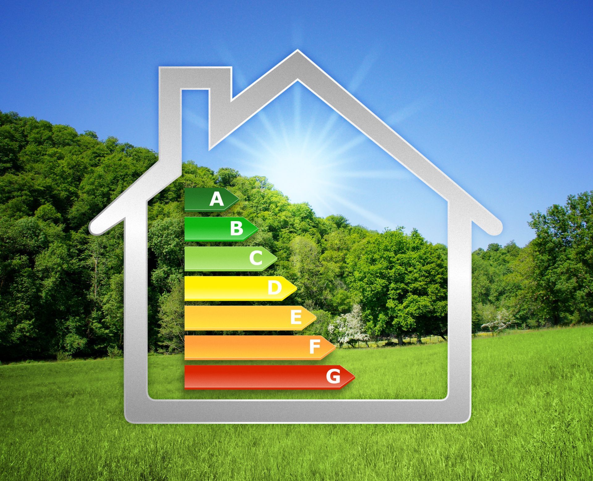Silhouette de maison avec des barres d’efficacité énergétique, étiquetées de A à G.