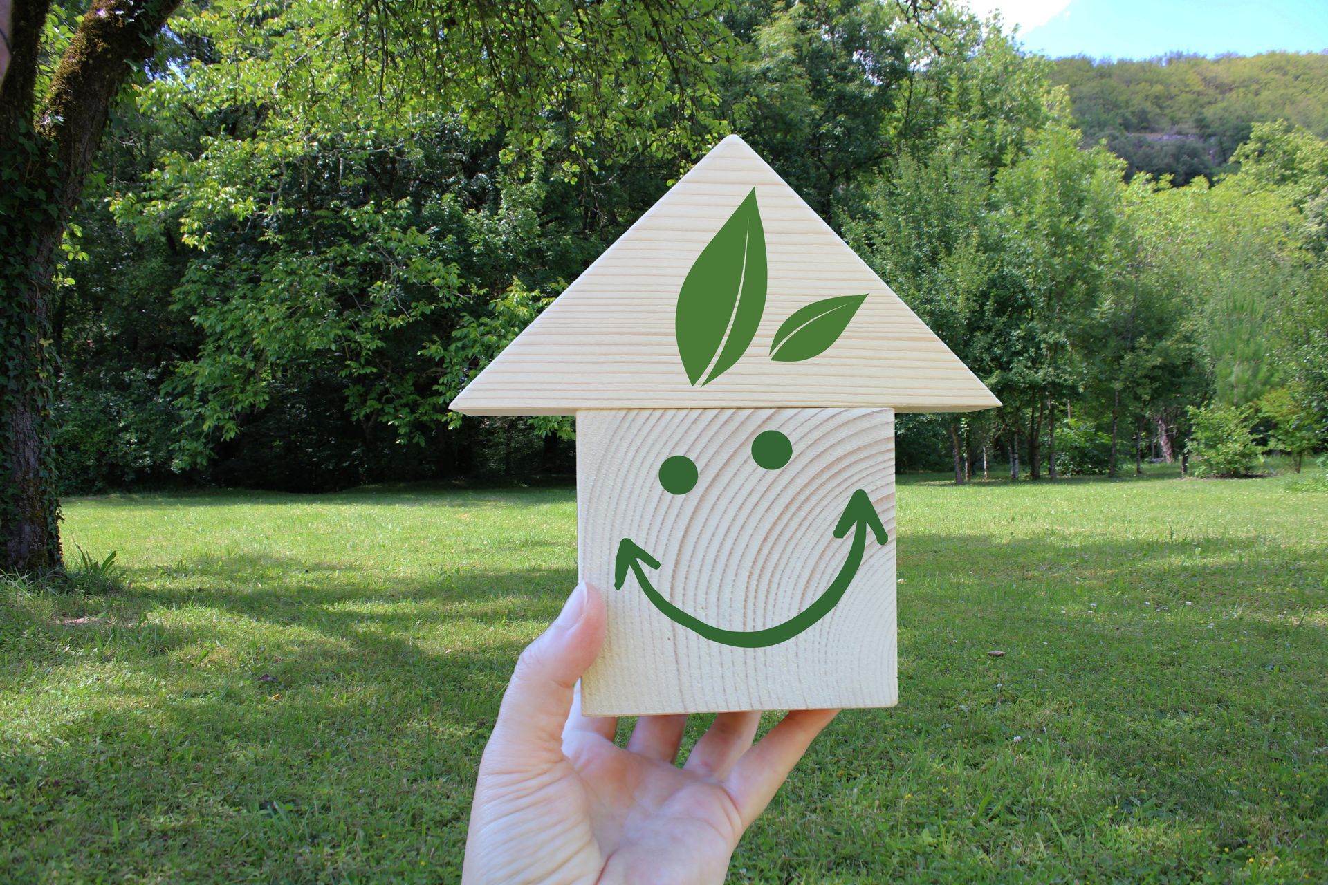 Main tenant une petite maison en bois avec un toit en feuille et un visage souriant dans un parc.