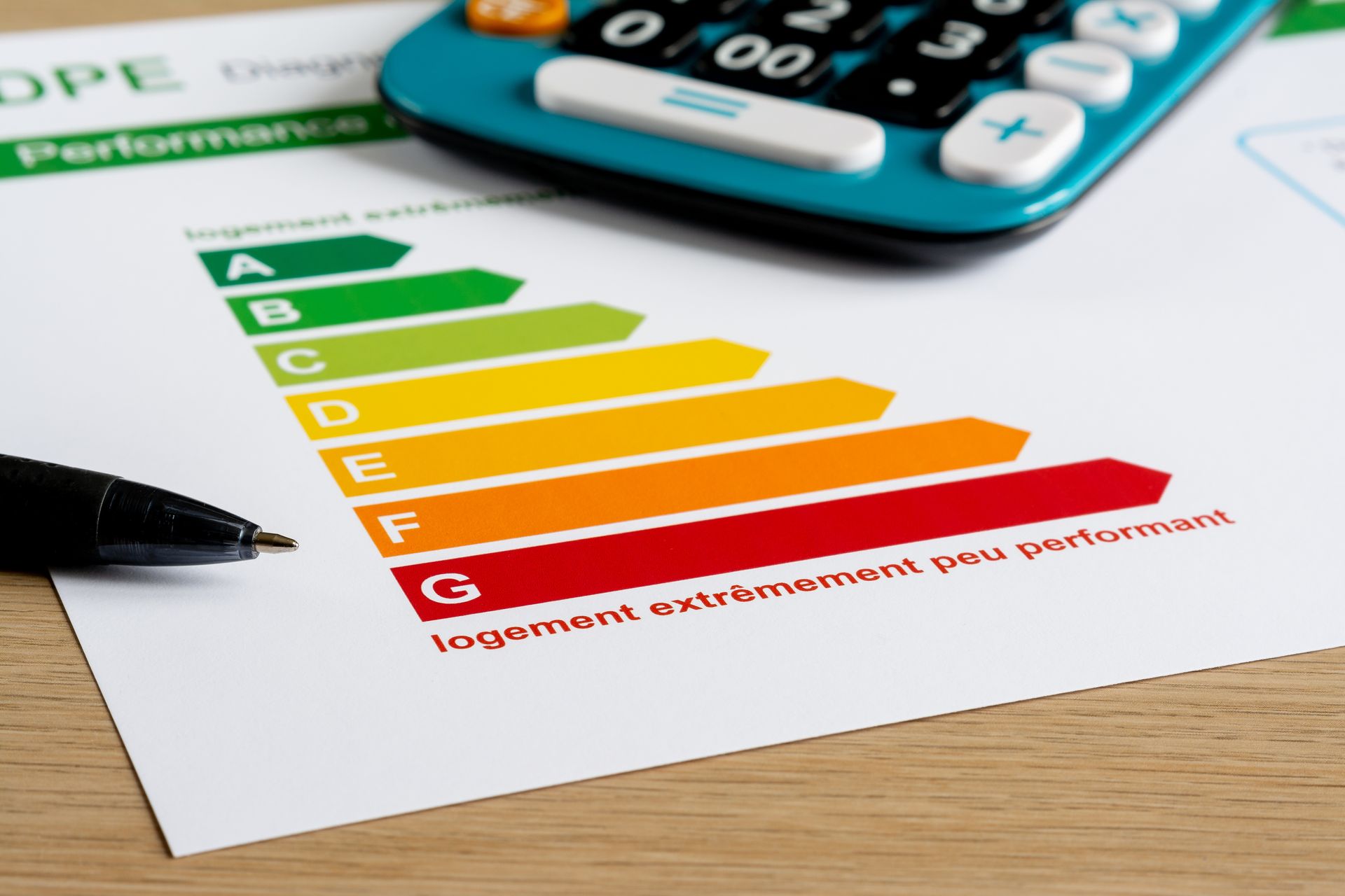 Graphique de classement de l’efficacité énergétique avec des barres de A à G et une calculatrice posée sur un bureau.