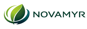 Logotipo de Novamyr con icono de hoja verde y marca denominativa verde oscuro sobre fondo blanco.