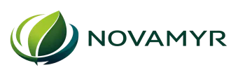 Logotipo de Novamyr con icono de hoja verde y marca denominativa verde oscuro sobre fondo blanco.