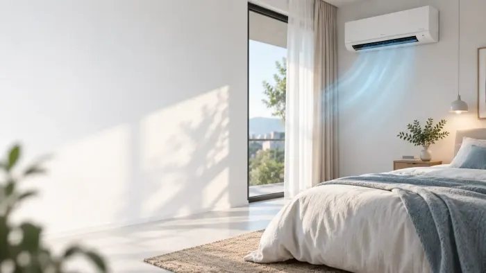 Habitación luminosa y minimalista con paredes blancas, cama, cortinas blancas y luz natural que entra por la ventana.