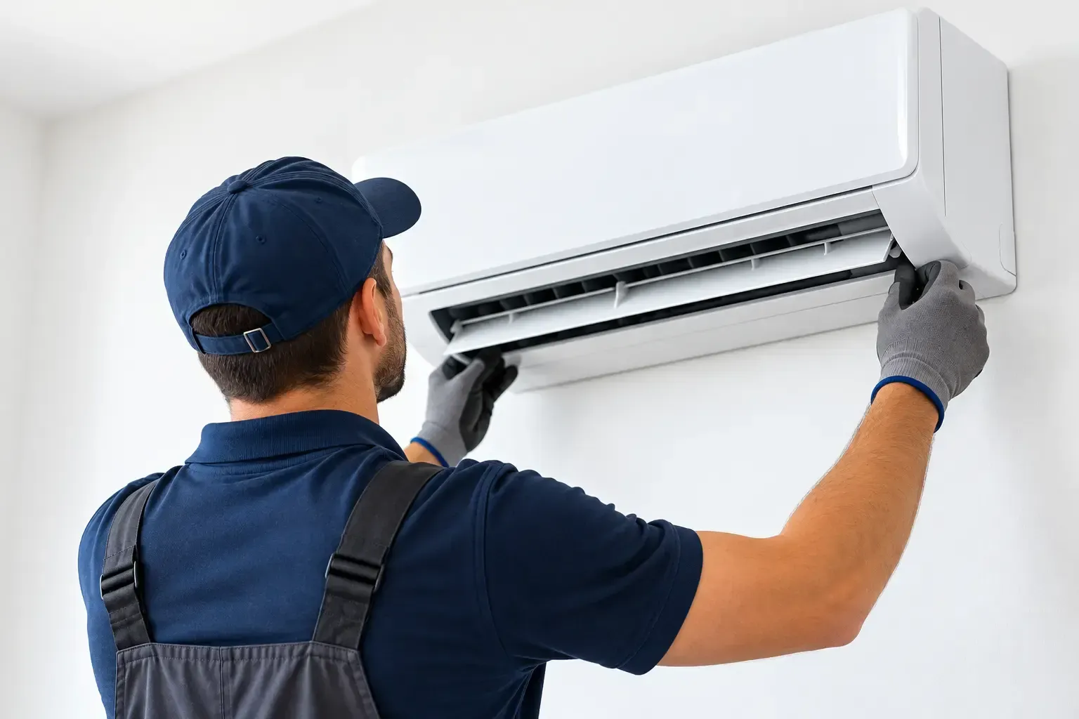 Técnico instalando un aire acondicionado mural en el interior de una vivienda.