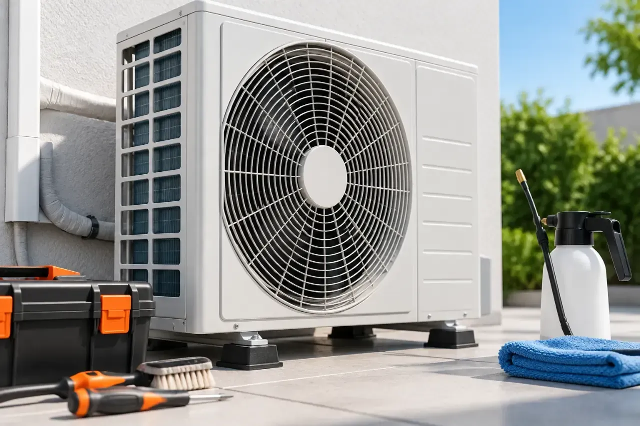 Unidad de aire acondicionado exterior con herramientas y suministros de limpieza en un patio.