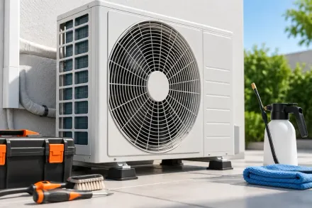 Unidad de aire acondicionado exterior con herramientas y suministros de limpieza en un patio.