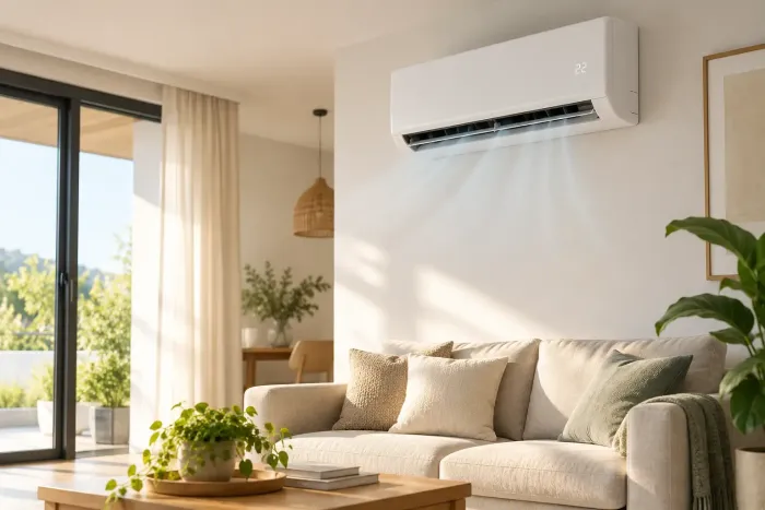 Luminoso salón con sofá beige, plantas de interior y aire acondicionado de pared cerca de puertas correderas de cristal.
