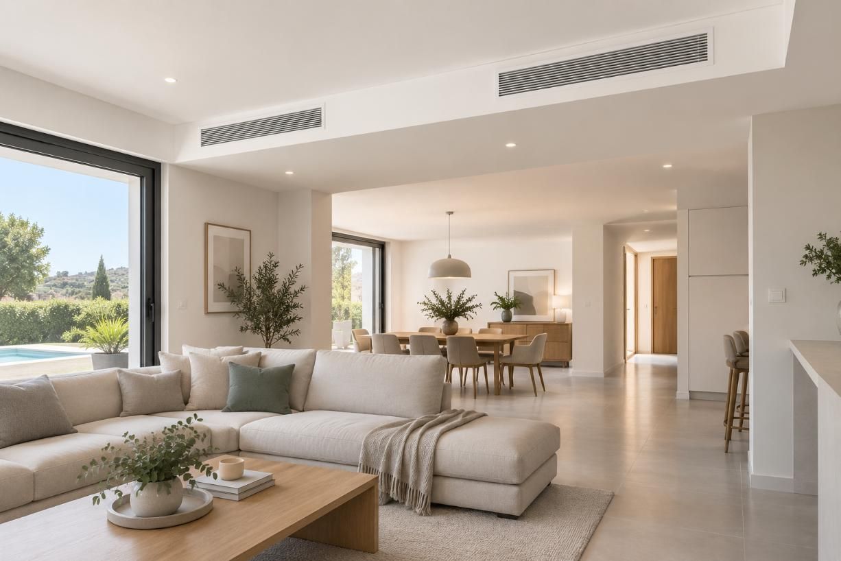 Luminoso salón moderno con sofá beige, mesa de centro, zona de comedor y grandes ventanales con vistas al jardín.