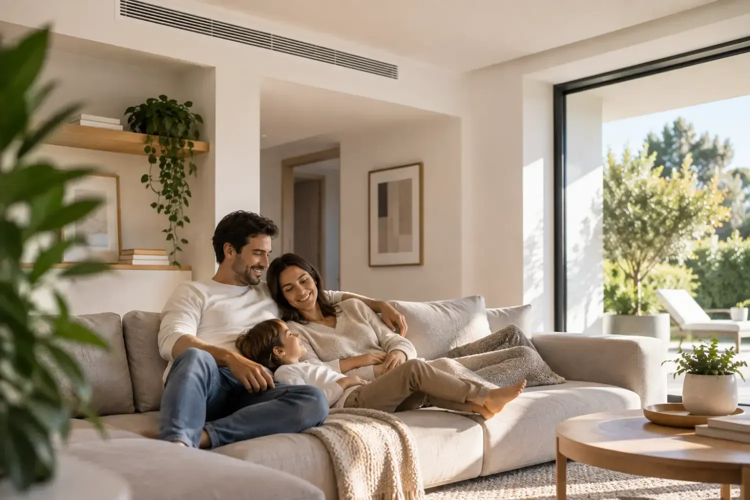 Una pareja se relaja en un sofá blanco en una luminosa sala de estar con luz natural y plantas.