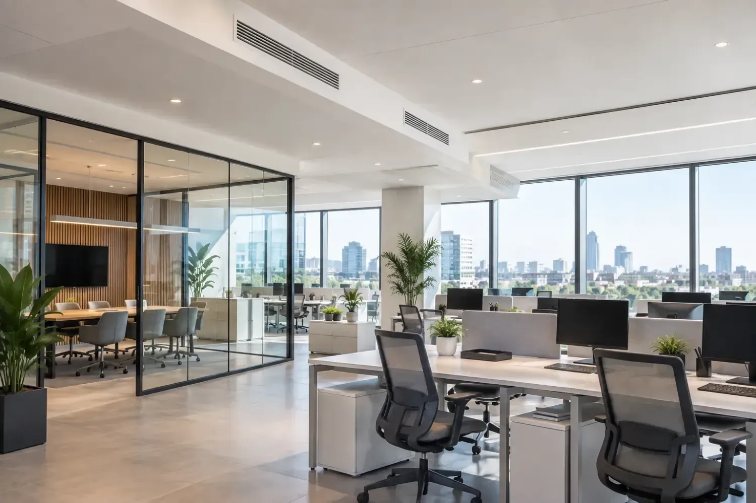 Oficina moderna y luminosa con escritorios, paredes de cristal y vistas a la ciudad a través de grandes ventanales.