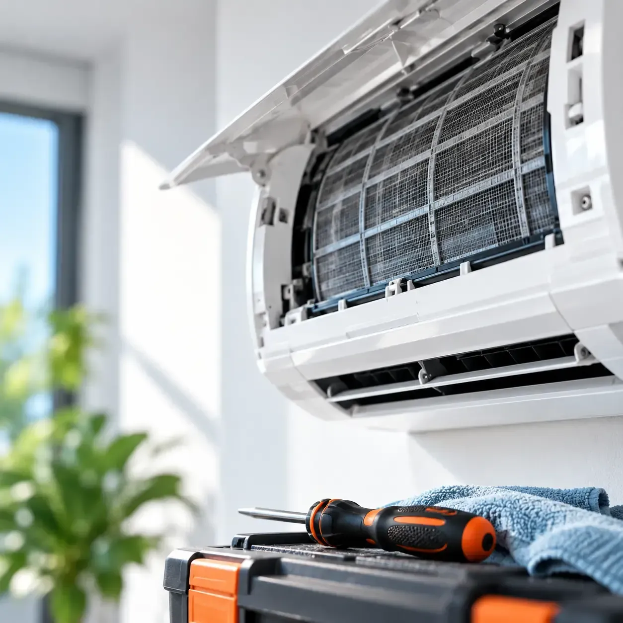 Aire acondicionado abierto con herramientas y paño para limpieza o reparación en una habitación luminosa.