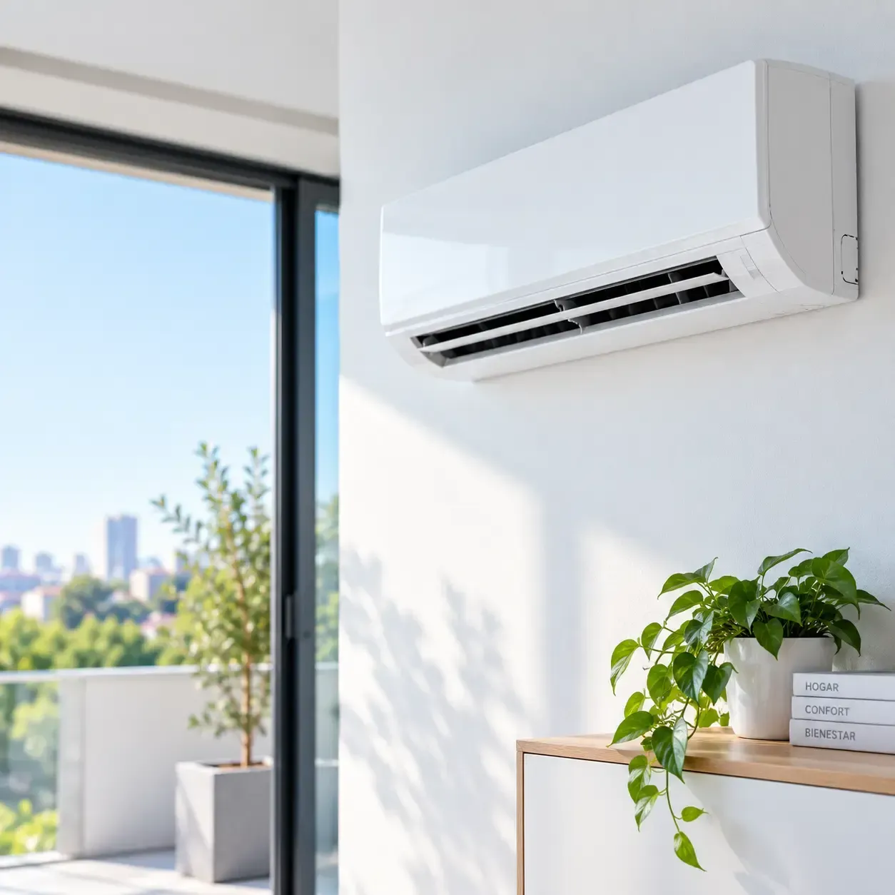 Aire acondicionado moderno blanco montado en la pared en una habitación luminosa con ventana, balcón y planta en maceta.