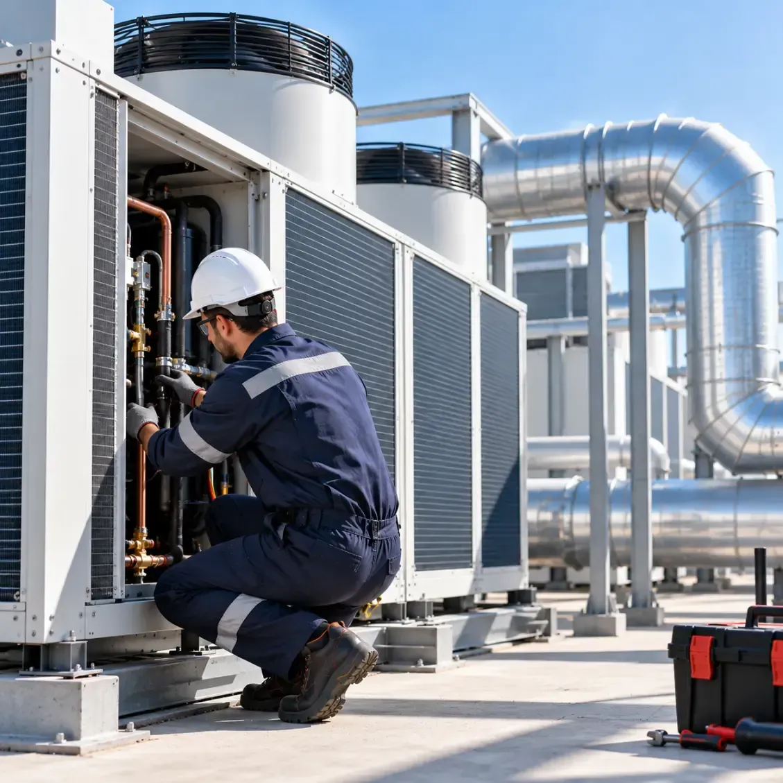 Técnico inspeccionando unidades de climatización industriales y conductos de ventilación relucientes en una azotea.