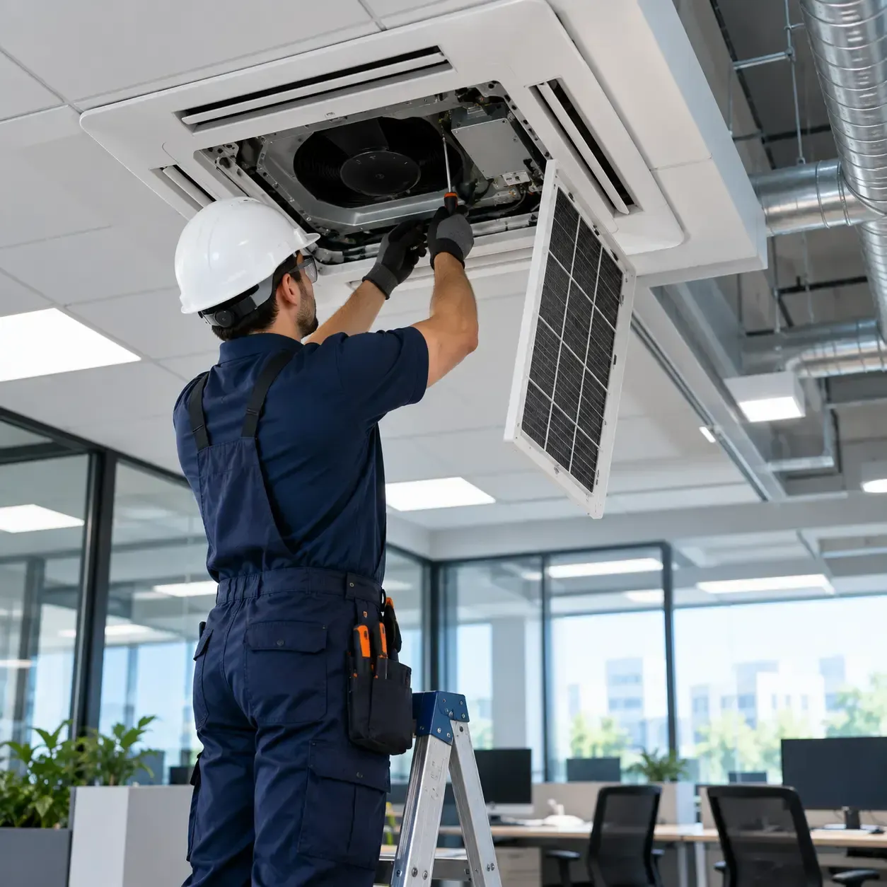 Técnico reparando un aire acondicionado de techo en una oficina.
