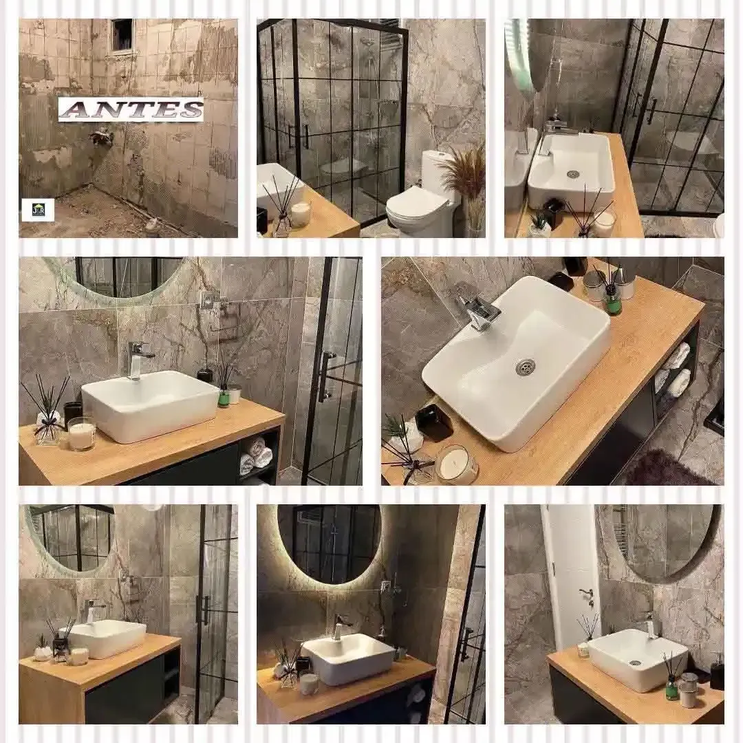 Un collage de fotografías de un baño antes y después de ser remodelado.
