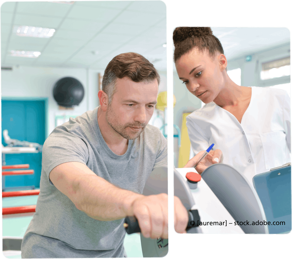 Praxis für Physiotherapie Jörg Engelhardt, Patient am Ergometer wird von Therapeutin beraten