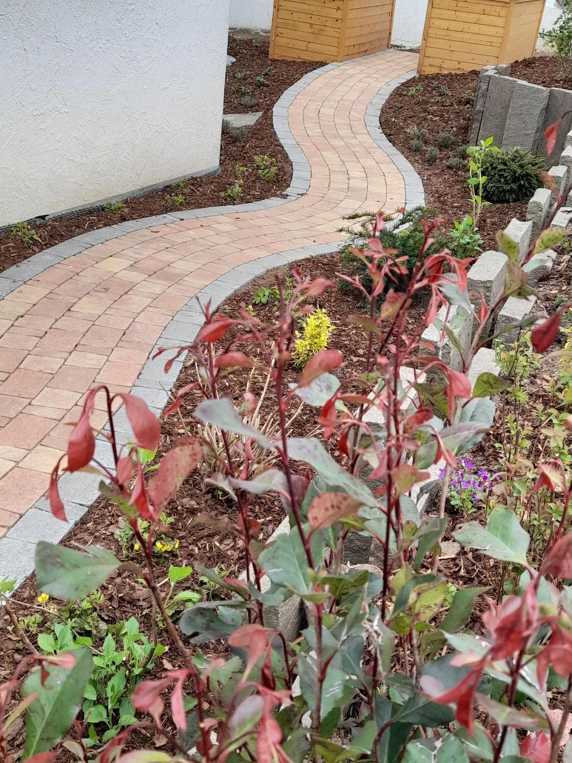 Ein Ziegelweg schlängelt sich durch einen Garten mit Pflanzen und Blumenbeeten.