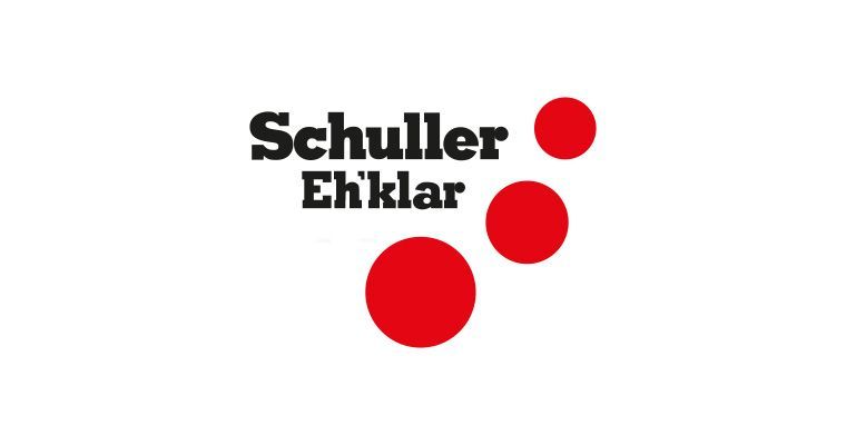 Ein Logo für Schuller eh klar mit drei roten Kreisen auf weißem Hintergrund.