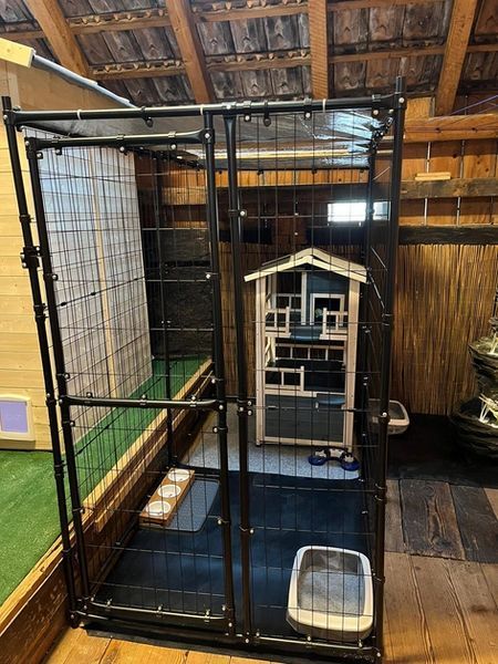 Schwarzes Katzengehege aus Metall mit Katzenhaus, Katzentoilette und Futternäpfen. Wände und Boden aus Holz.