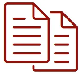 Un icono rojo de dos hojas de papel con líneas en ellas.